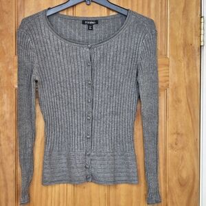 Roz & Ali Gray Ribbed Button Front Long-Sleeve Women's Petite Cardigan Sweater
